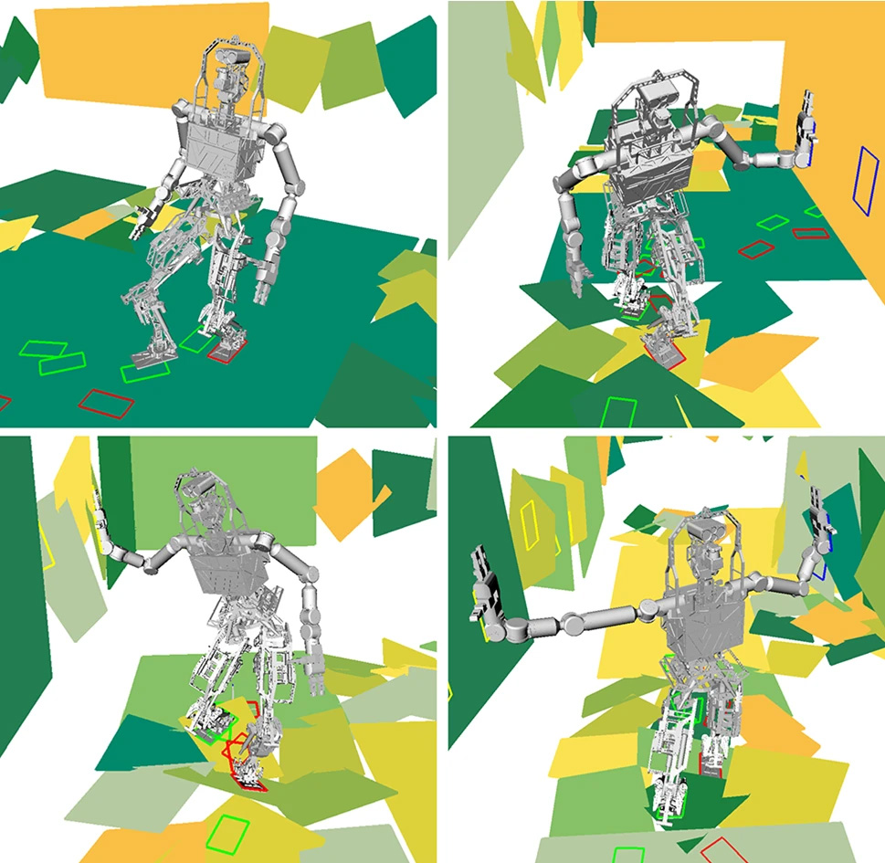A virtual robot shows different modes of motion, with only feet, with one hand, or with both, as it traverses rough terrain.