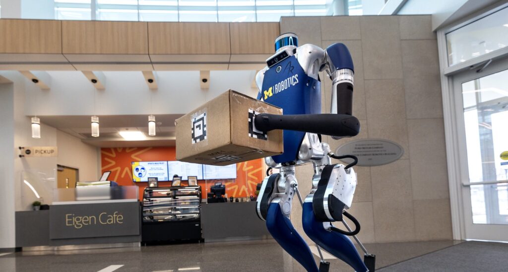 A Digit robot stands in the Ford Motor Company Robotics Building