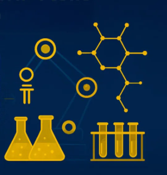 Illustration of beakers with a robotic arm, chemical compound, and test tubes