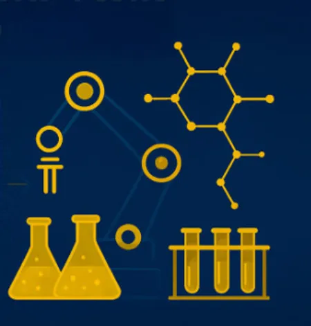 Illustration of beakers with a robotic arm, chemical compound, and test tubes