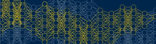 A graphic design featuring a series of circles connected by lines, representing a neural network.
