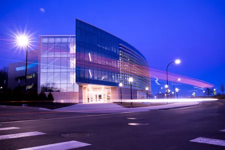 Aerial view of the Ford Robotics Building at the University of Michigan.