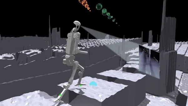 A 3-D geometric, gray simulated hiking trail including stepping stones with gaps in between, tall structures and a ridged plateau. A human-shaped robot with arms fixed at a 90 degree angle steps over a gap to the next stepping stone. A triangle visual field extends from the robot’s head, ending with a TV-screen of what the robot “sees.” Overhead, three sets of spheres hover in the air moving from largest to smallest pointing in the direction the robot moves. An orange set is closest to the robot, then a green set is closely followed by a gray set.