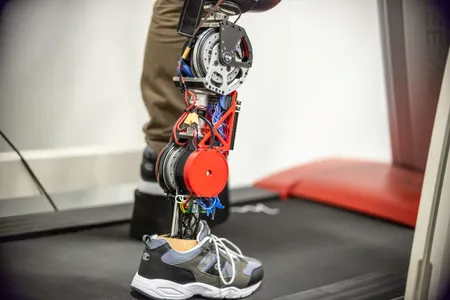 A robotic prosthetic leg.