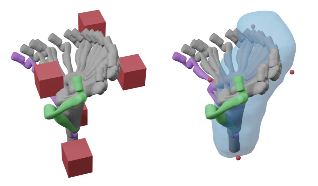 A robot arm with various states of trajectory planning around obstacles.