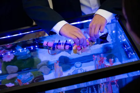 Two hands place a robotic fish in an LED-lit aquarium, next to a robot fish already in the water.