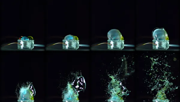 A sequence of eight high-speed photos showing colorful water droplets exploding upward from a tiny soft actuator membrane, captured over just 3 milliseconds.
