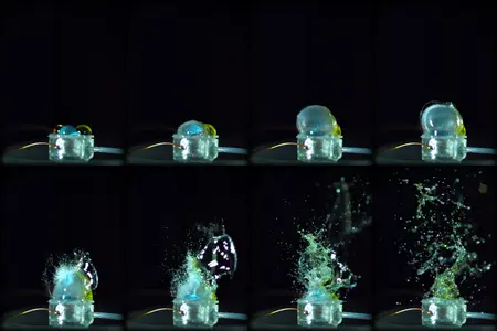 A sequence of eight high-speed photos showing colorful water droplets exploding upward from a tiny soft actuator membrane, captured over just 3 milliseconds.