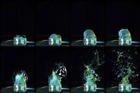 A sequence of eight high-speed photos showing colorful water droplets exploding upward from a tiny soft actuator membrane, captured over just 3 milliseconds.