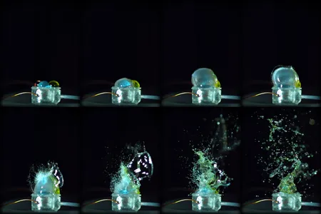 A sequence of eight high-speed photos showing colorful water droplets exploding upward from a tiny soft actuator membrane, captured over just 3 milliseconds.