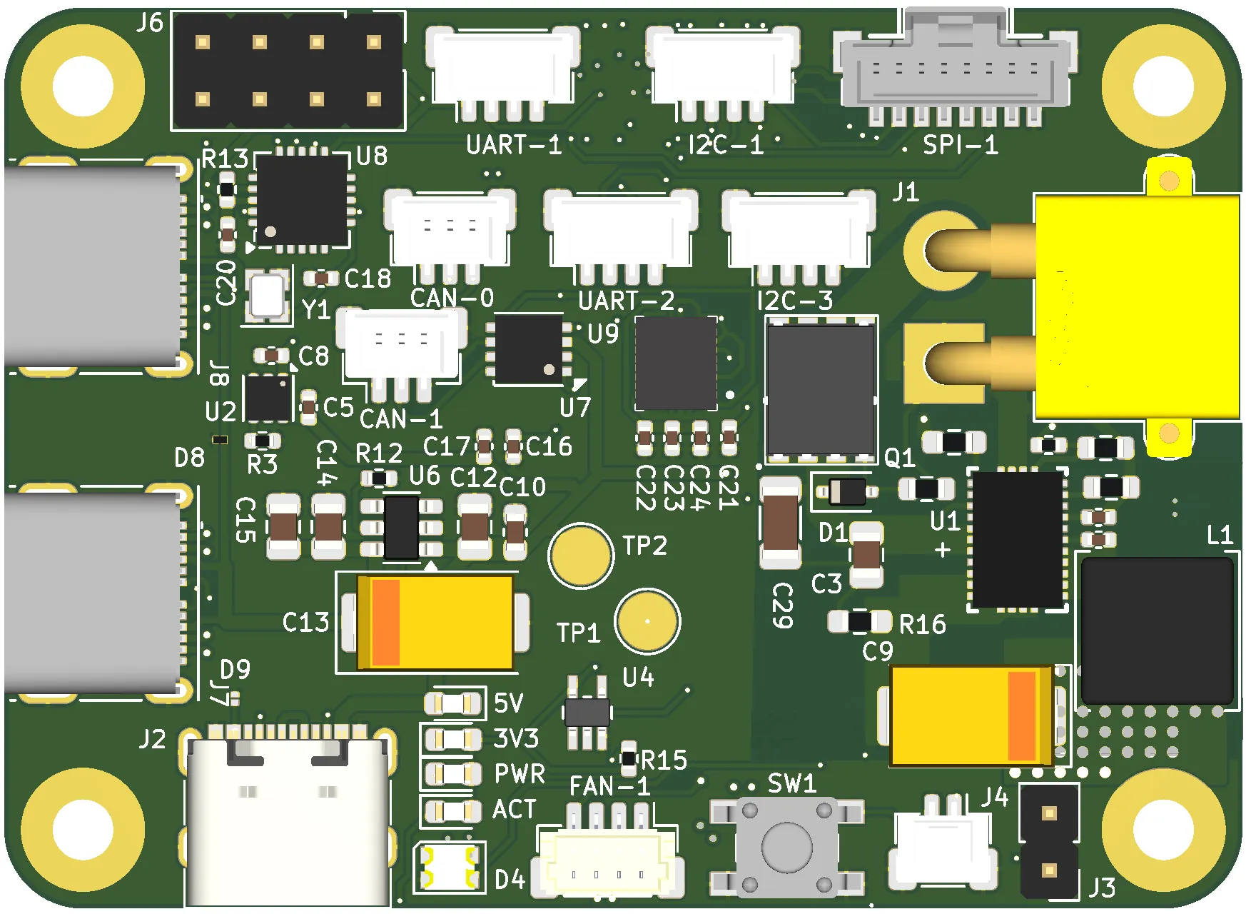 A rendered green printed circuit board with labeled connectors and components, including ports for UART, I2C, SPI, CAN, USB-C, and a fan header.