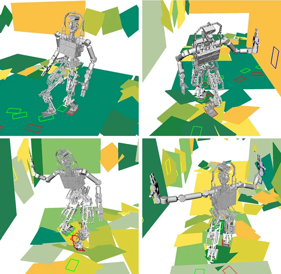 A 3d virtual environment with a bipedal robot determining where to place its hands and feet.