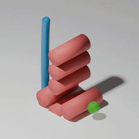 A soft segmented arm bends around a blue post to reach a green target ball, animated in a physics simulator.