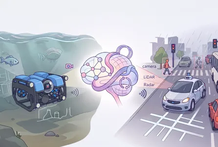Split illustration contrasting two robotic perception scenarios: on the left, an underwater ROV with a camera surveys fish and seafloor objects in murky water; on the right, a self-driving car uses camera, LiDAR, and radar to detect pedestrians and vehicles on a rainy city street. A stylized brain with neural network nodes and intertwined loops sits at the center, linking the two domains.