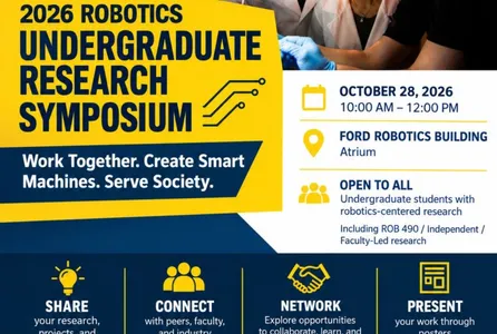 Promotional graphic for the 2026 Robotics Undergraduate Research Symposium, an event highlighting undergraduate robotics research and opportunities to connect with students, faculty, and researchers.