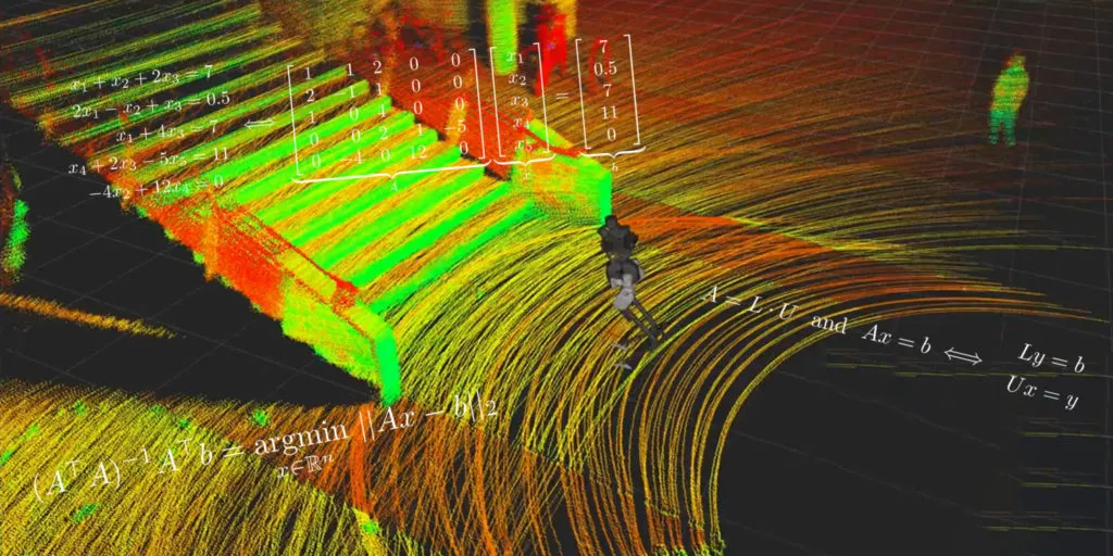 A 3D model of a robot in a lidar field with linear algebra equations floating above it