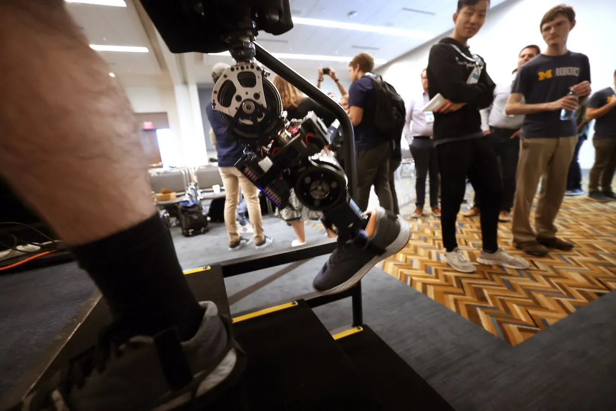 A prosthetic leg is shown at a research conference