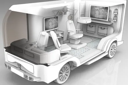 An illustration shows a vehicle roughly the size of a shuttle bus equipped with a chair for examinations and procedures, ceiling lights on adjustable arms, cabinets, screens, a desk, and other furnishings similar to a doctor's office.