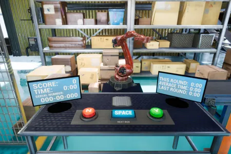 A simulated warehouse environment shows a red robotic arm picking boxes from shelves above a control console with a serial-number display, score and timer monitors, and red, blue, and green buttons used by a human operator.