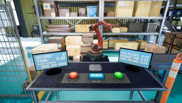 A simulated warehouse environment shows a red robotic arm picking boxes from shelves above a control console with a serial-number display, score and timer monitors, and red, blue, and green buttons used by a human operator.