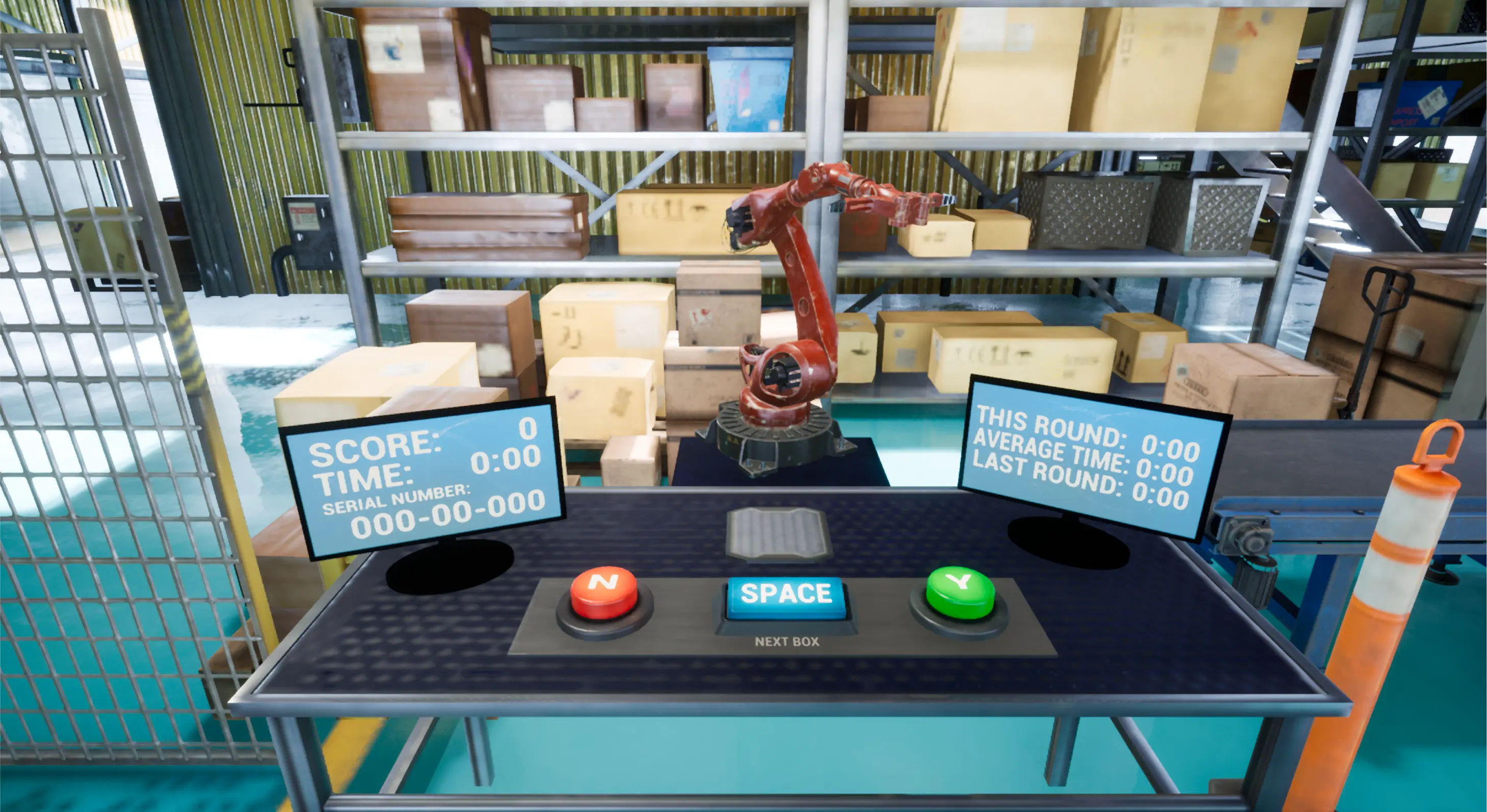 A simulated warehouse environment shows a red robotic arm picking boxes from shelves above a control console with a serial-number display, score and timer monitors, and red, blue, and green buttons used by a human operator.