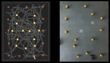 Side-by-side views of a planned rearrangement of 13 objects and a car-like robot pushing yellow blocks across a floor.