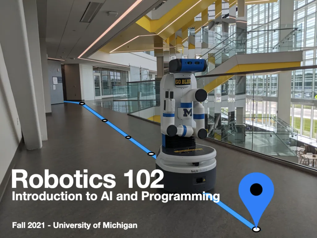 A Fetch robot following a superimposed path in the Robotics Building