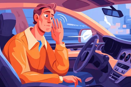 Concept illustration of a driver listening to their car talk. Image credit: Nicole Smith, made with Midjourney
