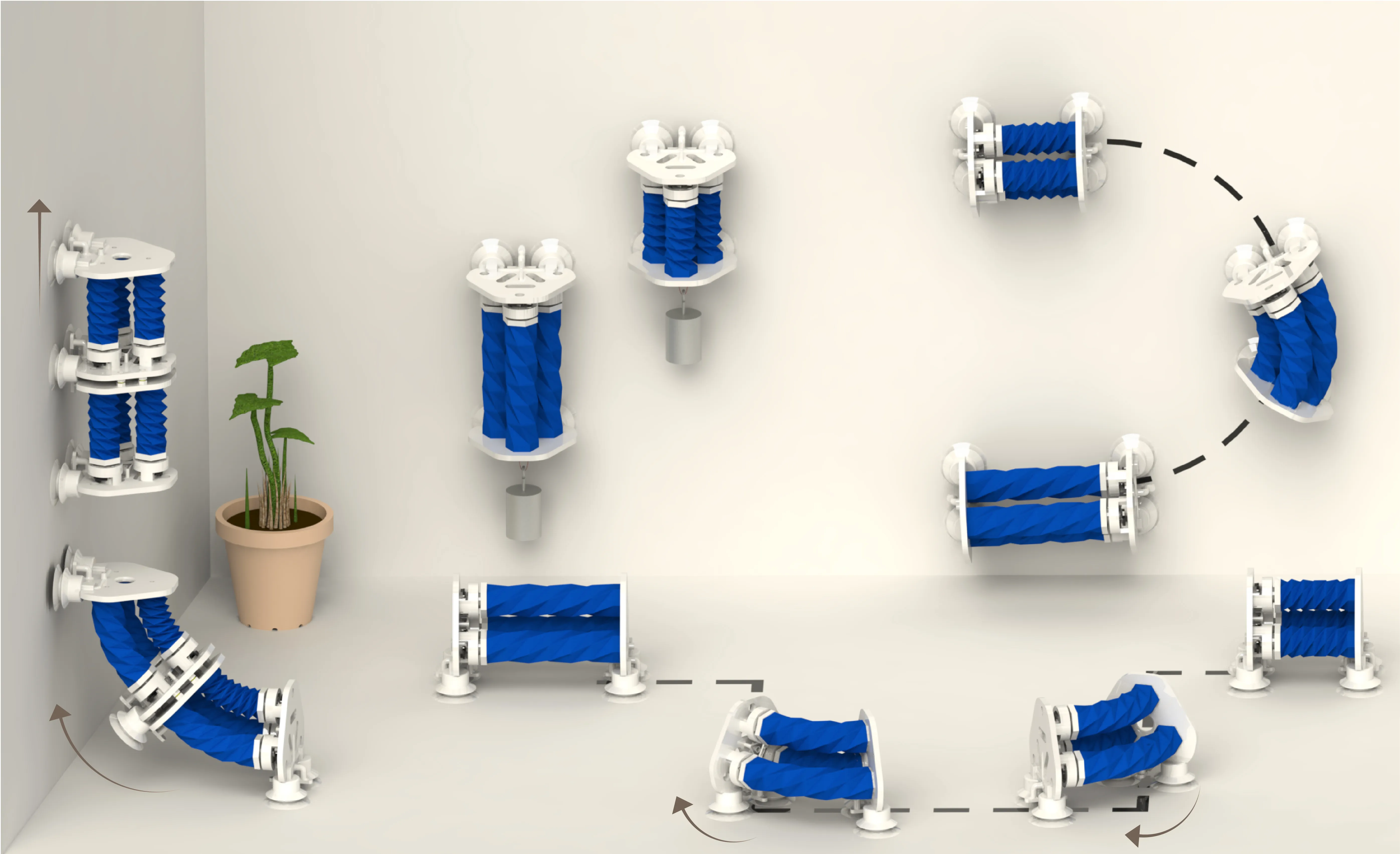 Several renders of the SPARC robot as it travels precisely along paths on the ground, transitions to climbing walls, and travels along the wall with and without a payload.