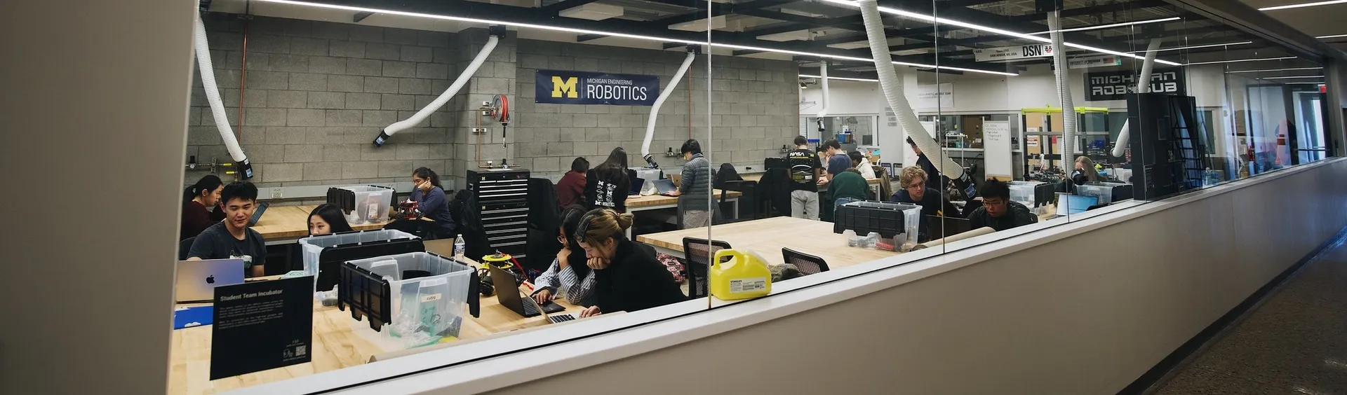 Students study in the Robotics Building atrium