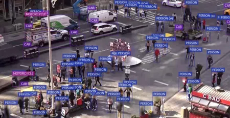 A video feed from a camera in Times Square showing people walking around.