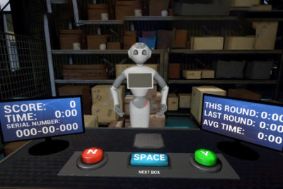A mechanical arm in a virtual work setting with boxes and working statistics.