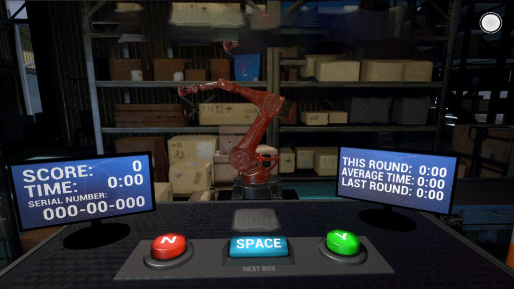 A android robot with human-like features in a virtual work setting with boxes and working statistics.