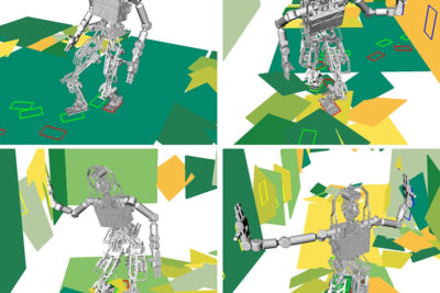 A virtual robot shows different modes of motion, with only feet, with one hand, or with both, as it traverses rough terrain.