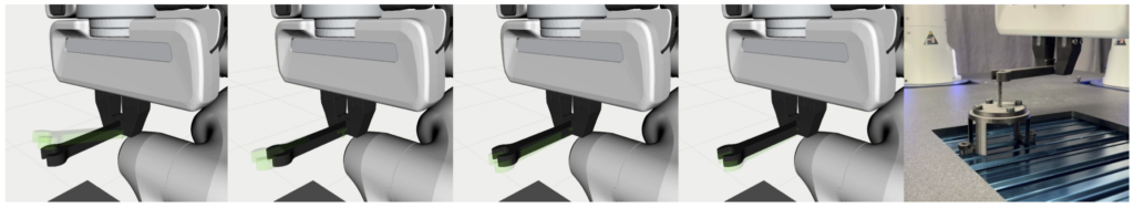 A series of images of a simulation of a robot holding a wrench and a final image of a real robot holding the wrench.
